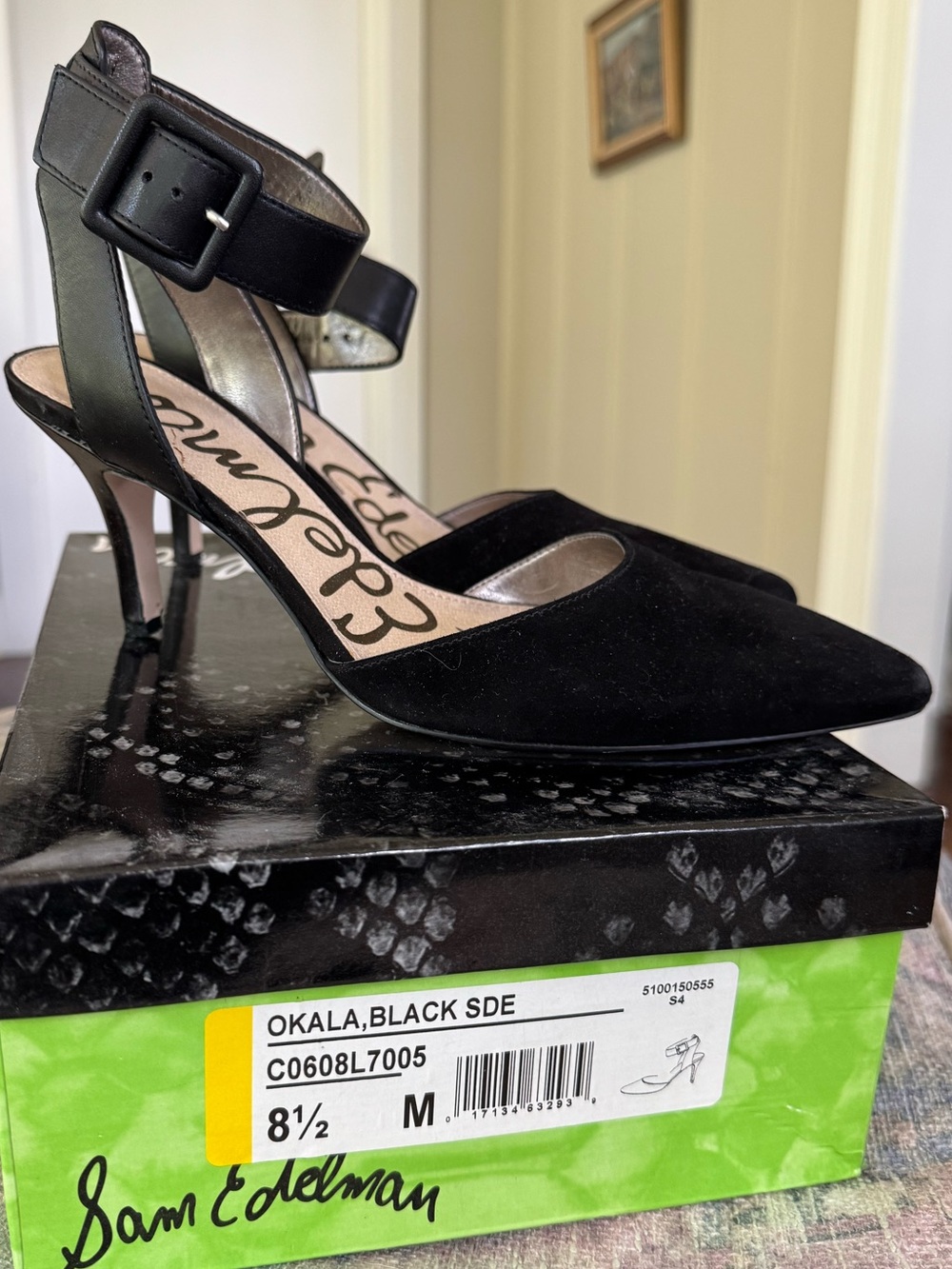 Sam Edelman Okala Black Suede pointed toe heels